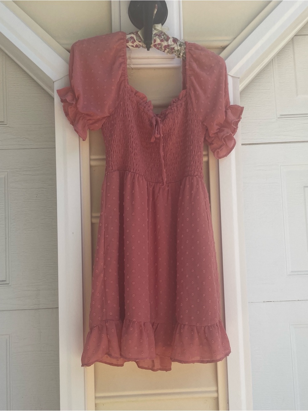 Smocked Puff-Sleeve Mini Dress in Dusty Rose